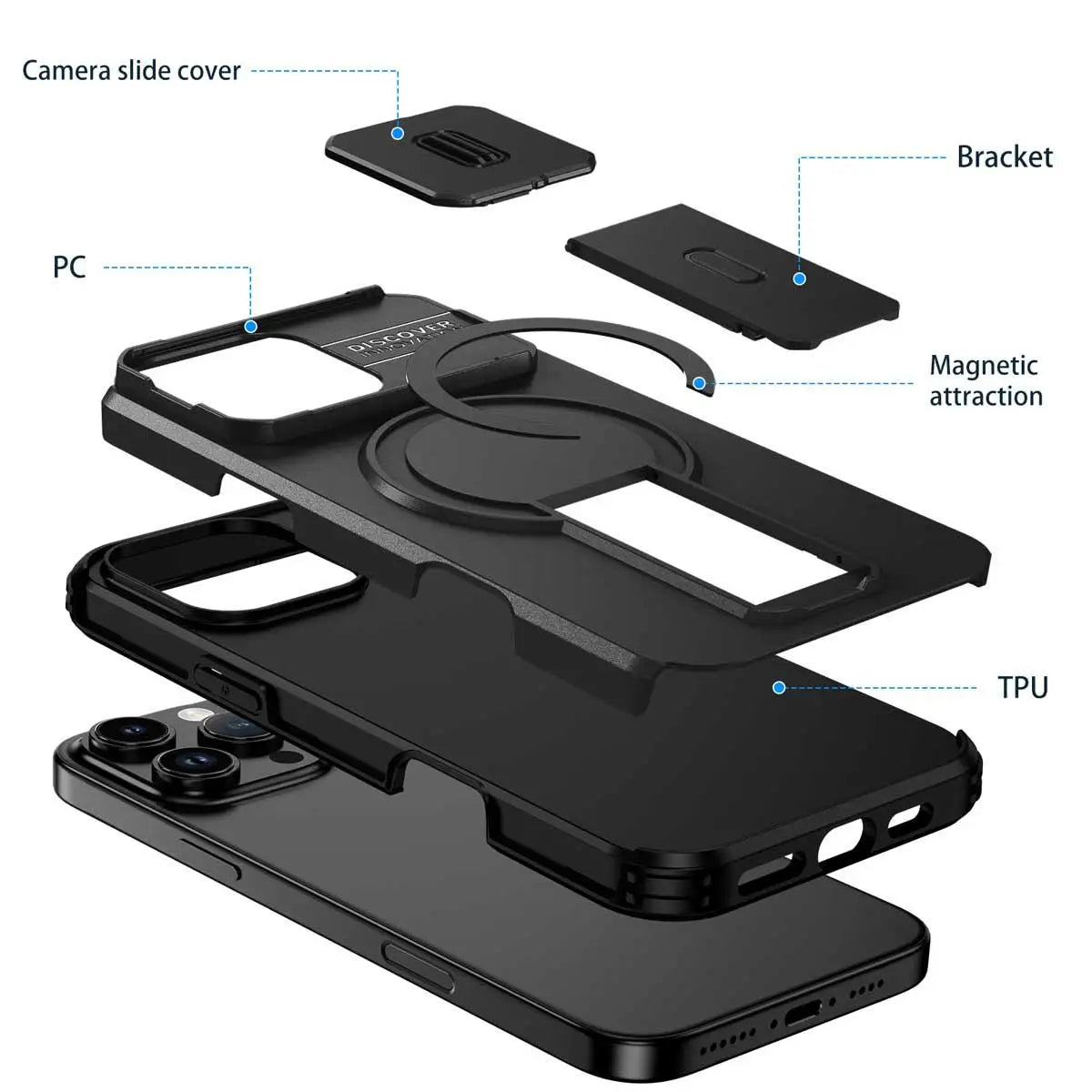 Afia Magnetic Ring Stand Case with Sliding Camera Lens Protector for iPhone 16 Pro Max / 16 Pro / 15 Pro Max / 15 Pro – Shockproof MagSafe Wireless Charging Cover