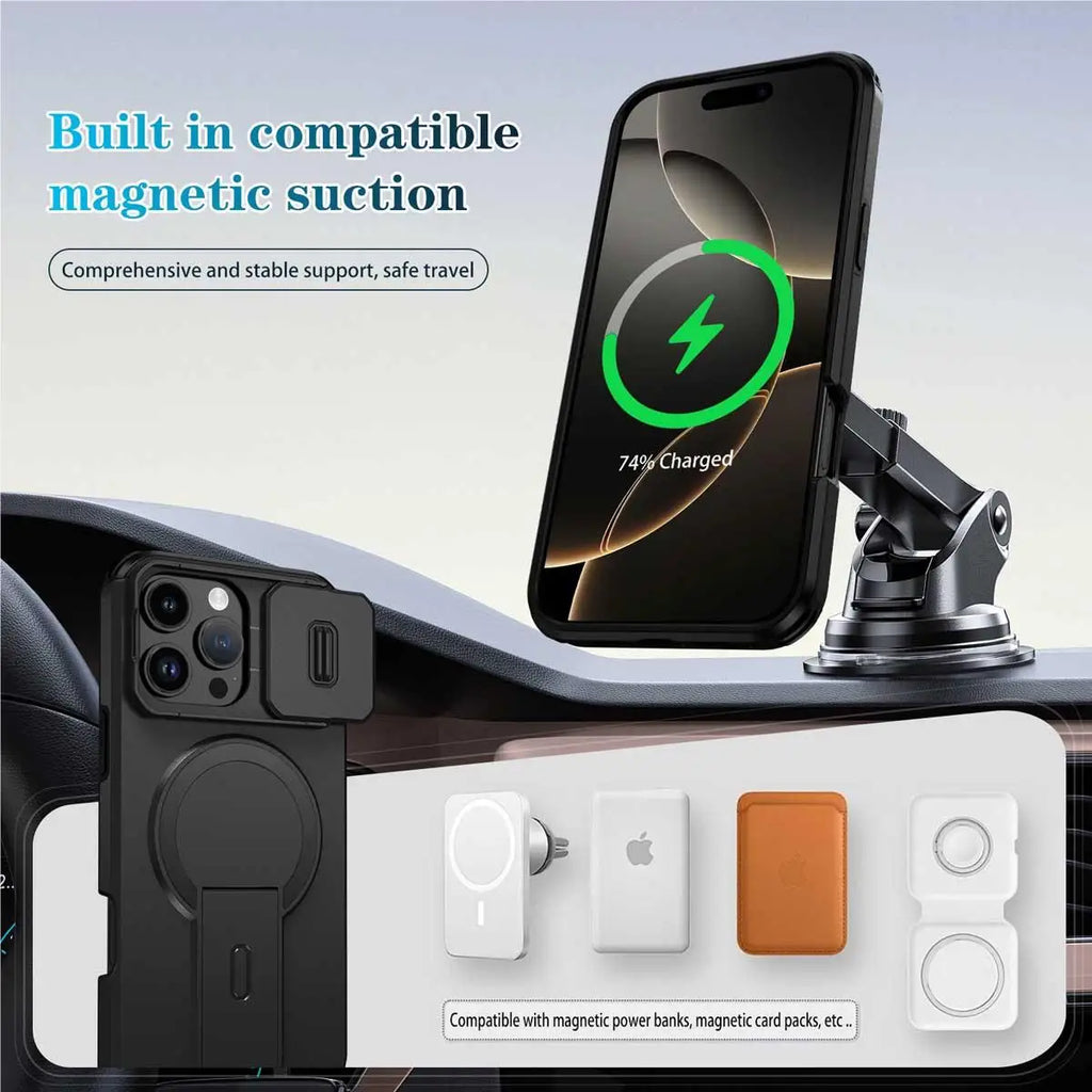 Afia Magnetic Ring Stand Case with Sliding Camera Lens Protector for iPhone 16 Pro Max / 16 Pro / 15 Pro Max / 15 Pro – Shockproof MagSafe Wireless Charging Cover