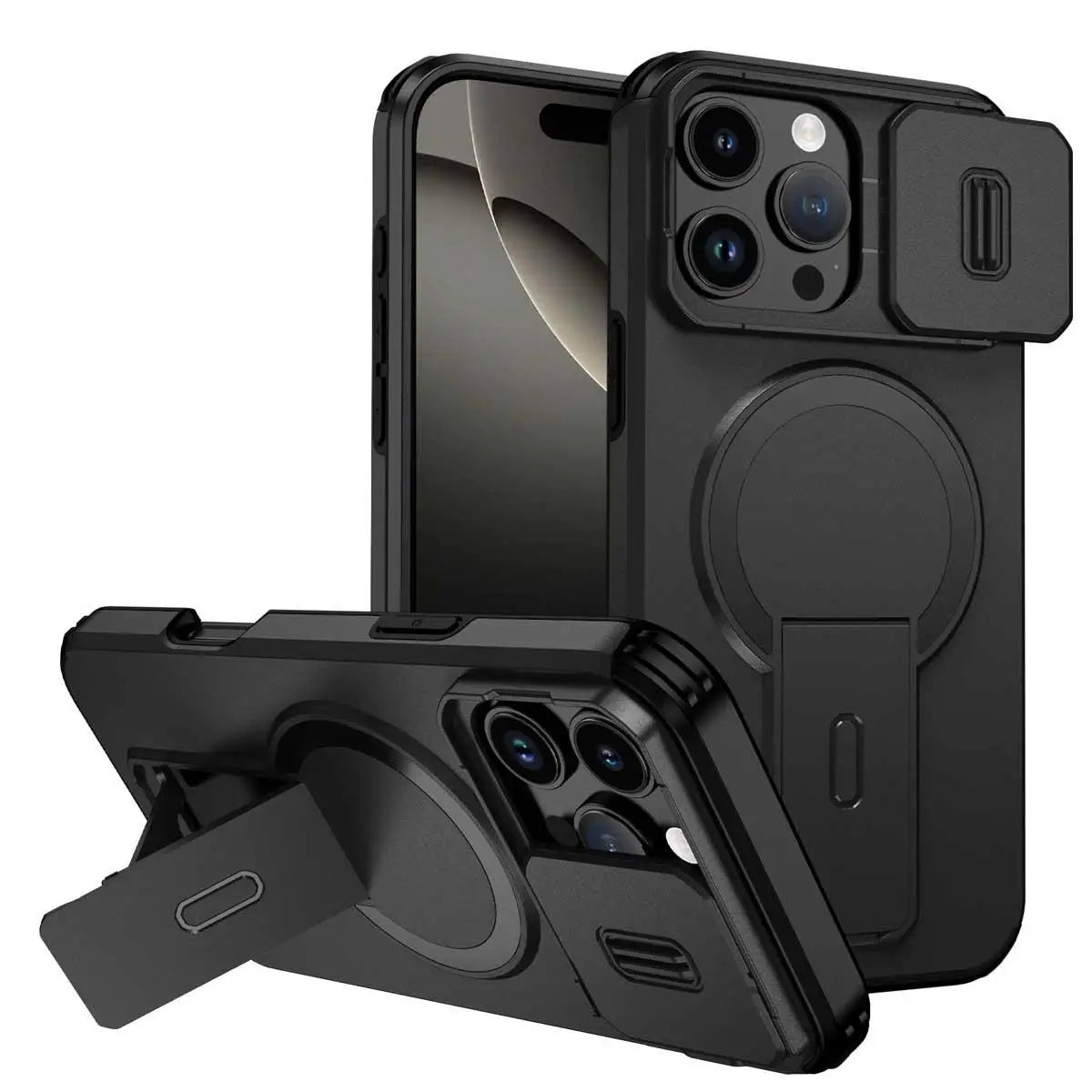 Afia Magnetic Ring Stand Case with Sliding Camera Lens Protector for iPhone 16 Pro Max / 16 Pro / 15 Pro Max / 15 Pro – Shockproof MagSafe Wireless Charging Cover
