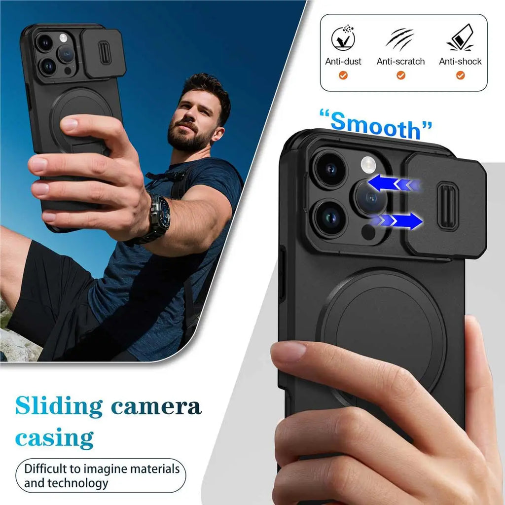 Afia Magnetic Ring Stand Case with Sliding Camera Lens Protector for iPhone 16 Pro Max / 16 Pro / 15 Pro Max / 15 Pro – Shockproof MagSafe Wireless Charging Cover