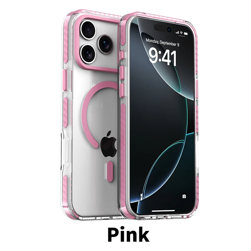 Afia for iPhone 17 Pro Max Clear MagSafe Case – Luxury PE Striped Border Magnetic Wireless Charging Cover - Color Pink