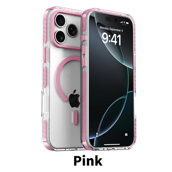 Afia for iPhone 17 Pro Max Clear MagSafe Case – Luxury PE Striped Border Magnetic Wireless Charging Cover - Color Pink