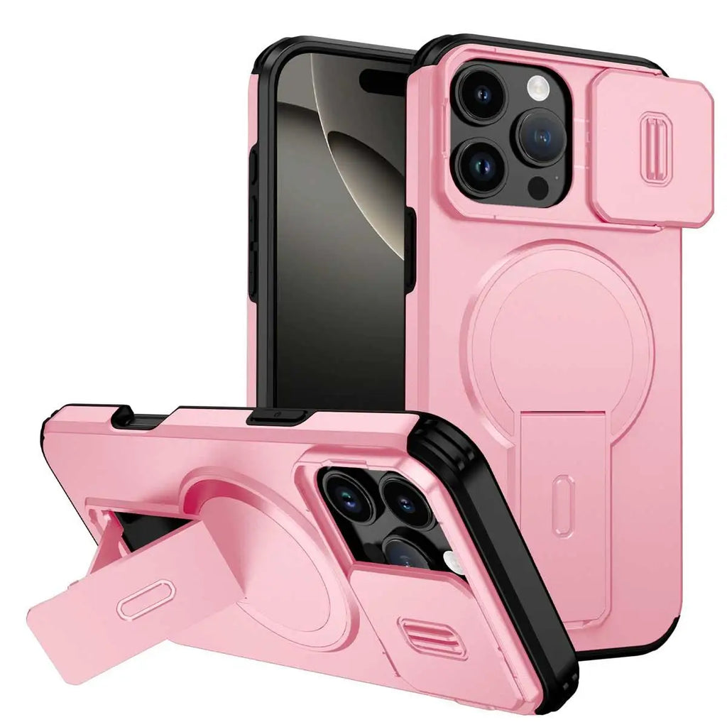 Afia Magnetic Ring Stand Case with Sliding Camera Lens Protector for iPhone 16 Pro Max / 16 Pro / 15 Pro Max / 15 Pro – Shockproof MagSafe Wireless Charging Cover