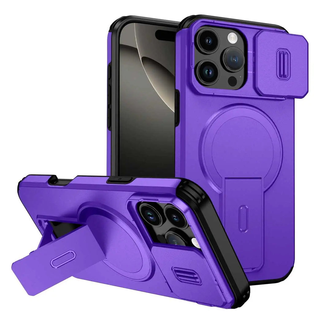 Afia Magnetic Ring Stand Case with Sliding Camera Lens Protector for iPhone 16 Pro Max / 16 Pro / 15 Pro Max / 15 Pro – Shockproof MagSafe Wireless Charging Cover
