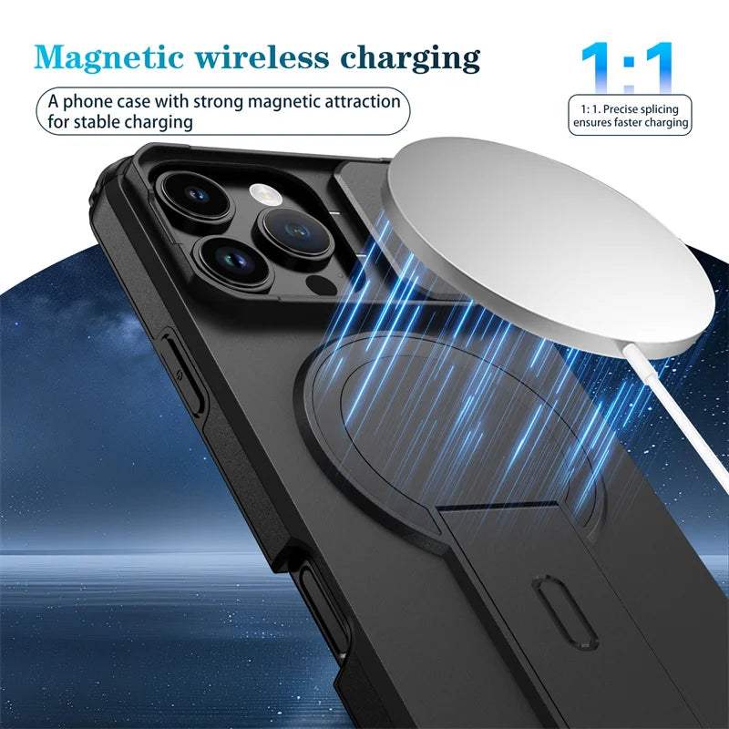 Afia Rugged MagSafe Case for iPhone 16 Pro Max / Plus / 16e – Armor Stand Cover with Camera Slide Protection