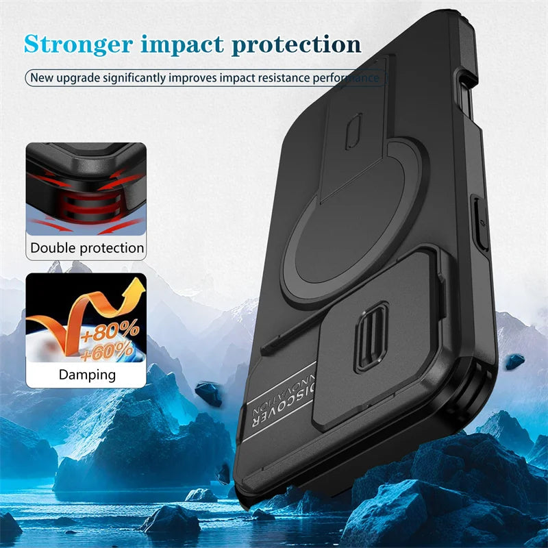 Afia Rugged MagSafe Case for iPhone 16 Pro Max / Plus / 16e – Armor Stand Cover with Camera Slide Protection