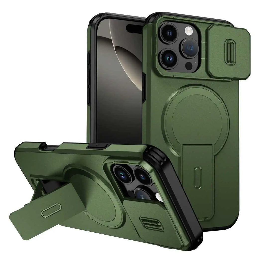Afia Magnetic Ring Stand Case with Sliding Camera Lens Protector for iPhone 16 Pro Max / 16 Pro / 15 Pro Max / 15 Pro – Shockproof MagSafe Wireless Charging Cover