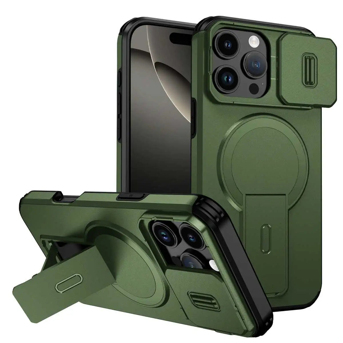 Afia Magnetic Ring Stand Case with Sliding Camera Lens Protector for iPhone 16 Pro Max / 16 Pro / 15 Pro Max / 15 Pro – Shockproof MagSafe Wireless Charging Cover