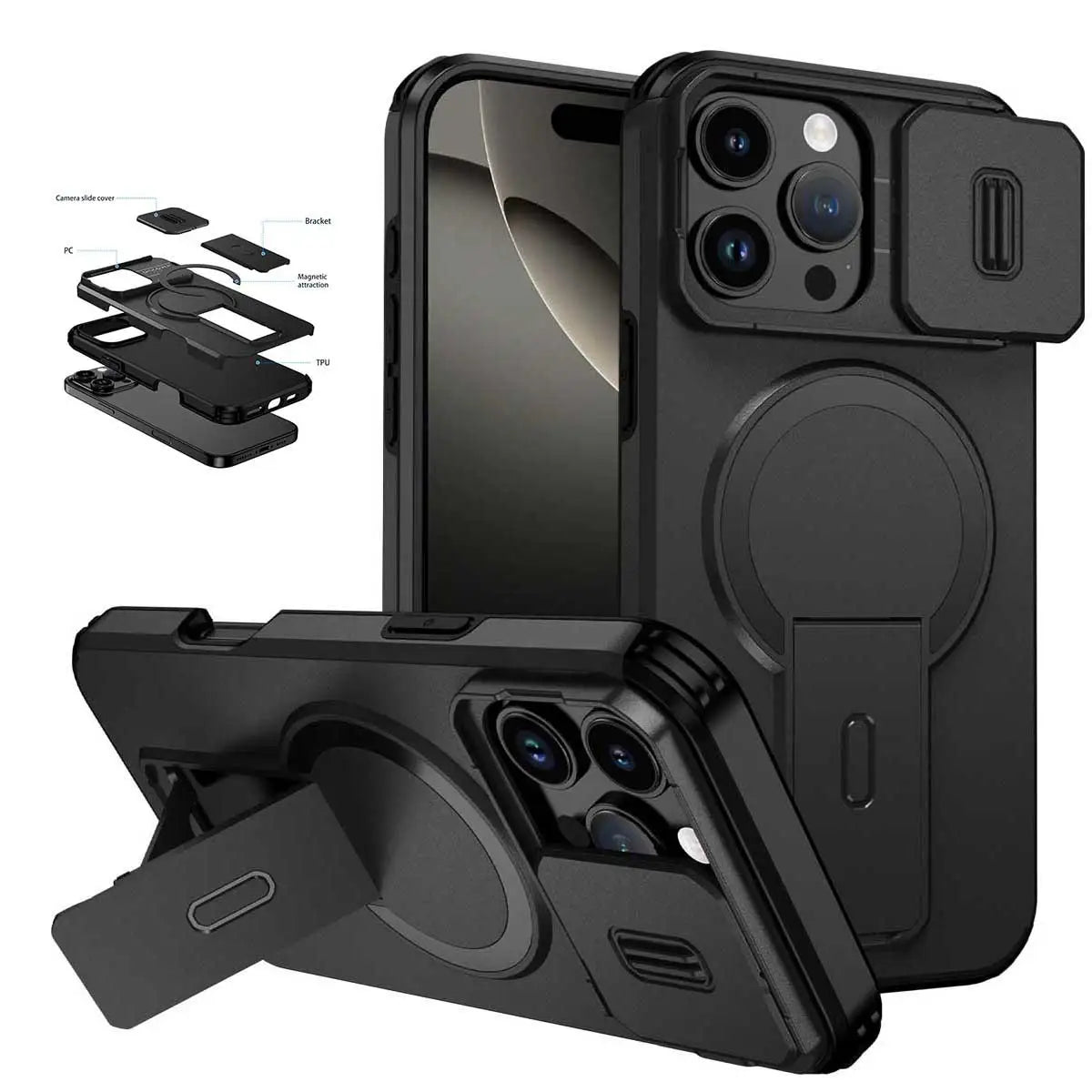 Afia Magnetic Ring Stand Case with Sliding Camera Lens Protector for iPhone 16 Pro Max / 16 Pro / 15 Pro Max / 15 Pro – Shockproof MagSafe Wireless Charging Cover