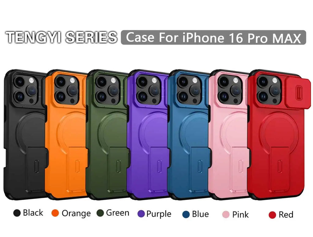 Afia Magnetic Ring Stand Case with Sliding Camera Lens Protector for iPhone 16 Pro Max / 16 Pro / 15 Pro Max / 15 Pro – Shockproof MagSafe Wireless Charging Cover