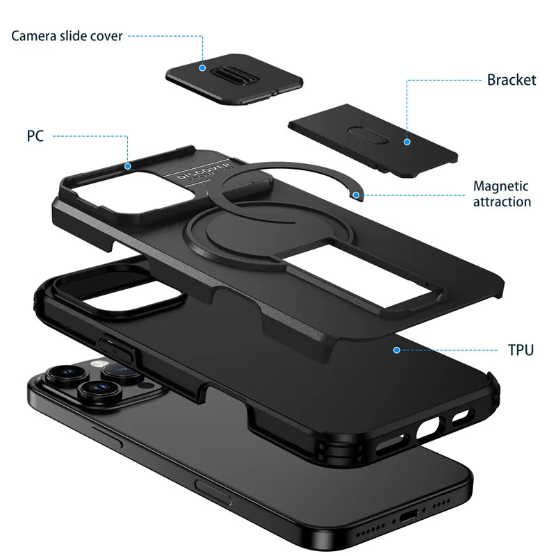 Afia Rugged MagSafe Case for iPhone 16 Pro Max / Plus / 16e – Armor Stand Cover with Camera Slide Protection