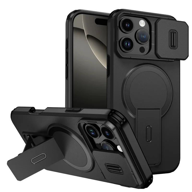 Afia Rugged MagSafe Case for iPhone 16 Pro Max / Plus / 16e – Armor Stand Cover with Camera Slide Protection
