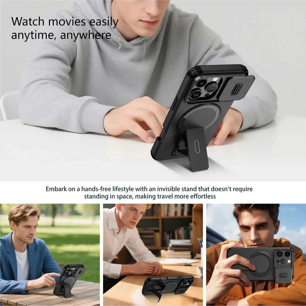 Afia Magnetic Ring Stand Case with Sliding Camera Lens Protector for iPhone 16 Pro Max / 16 Pro / 15 Pro Max / 15 Pro – Shockproof MagSafe Wireless Charging Cover