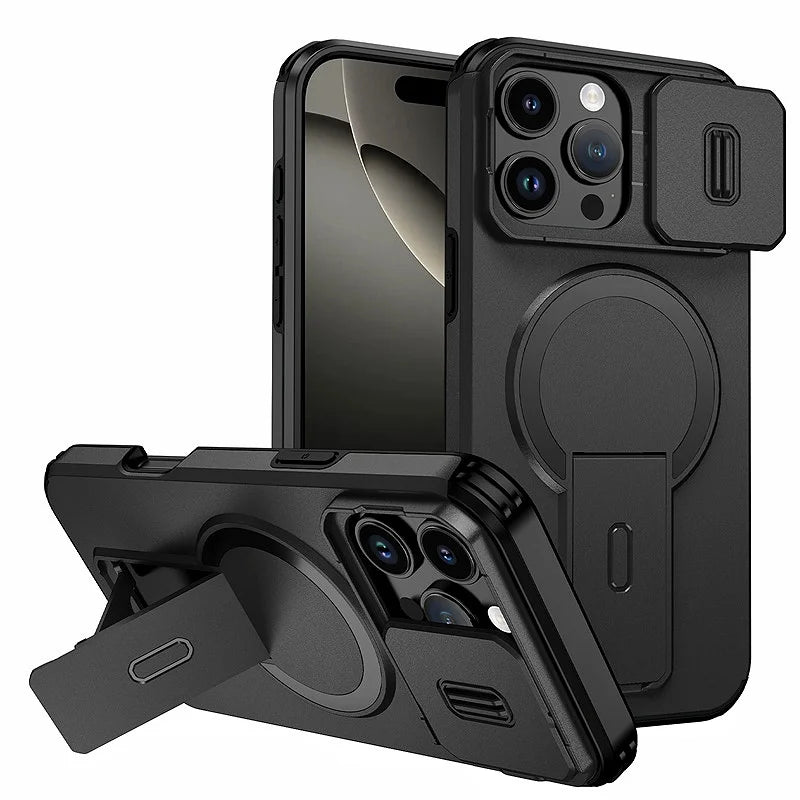 Afia Rugged MagSafe Case for iPhone 16 Pro Max / Plus / 16e – Armor Stand Cover with Camera Slide Protection